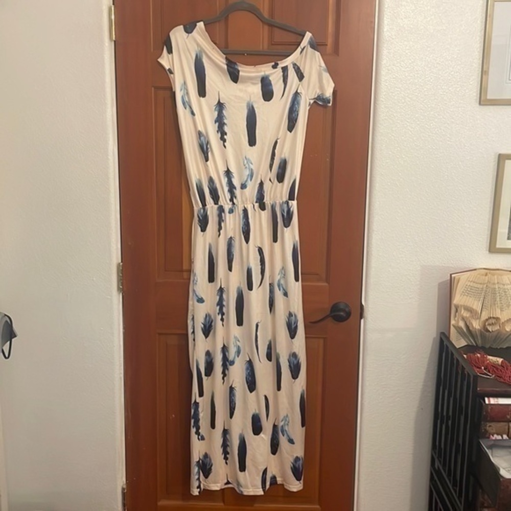 NWT long slouch shoulder blue feather dress